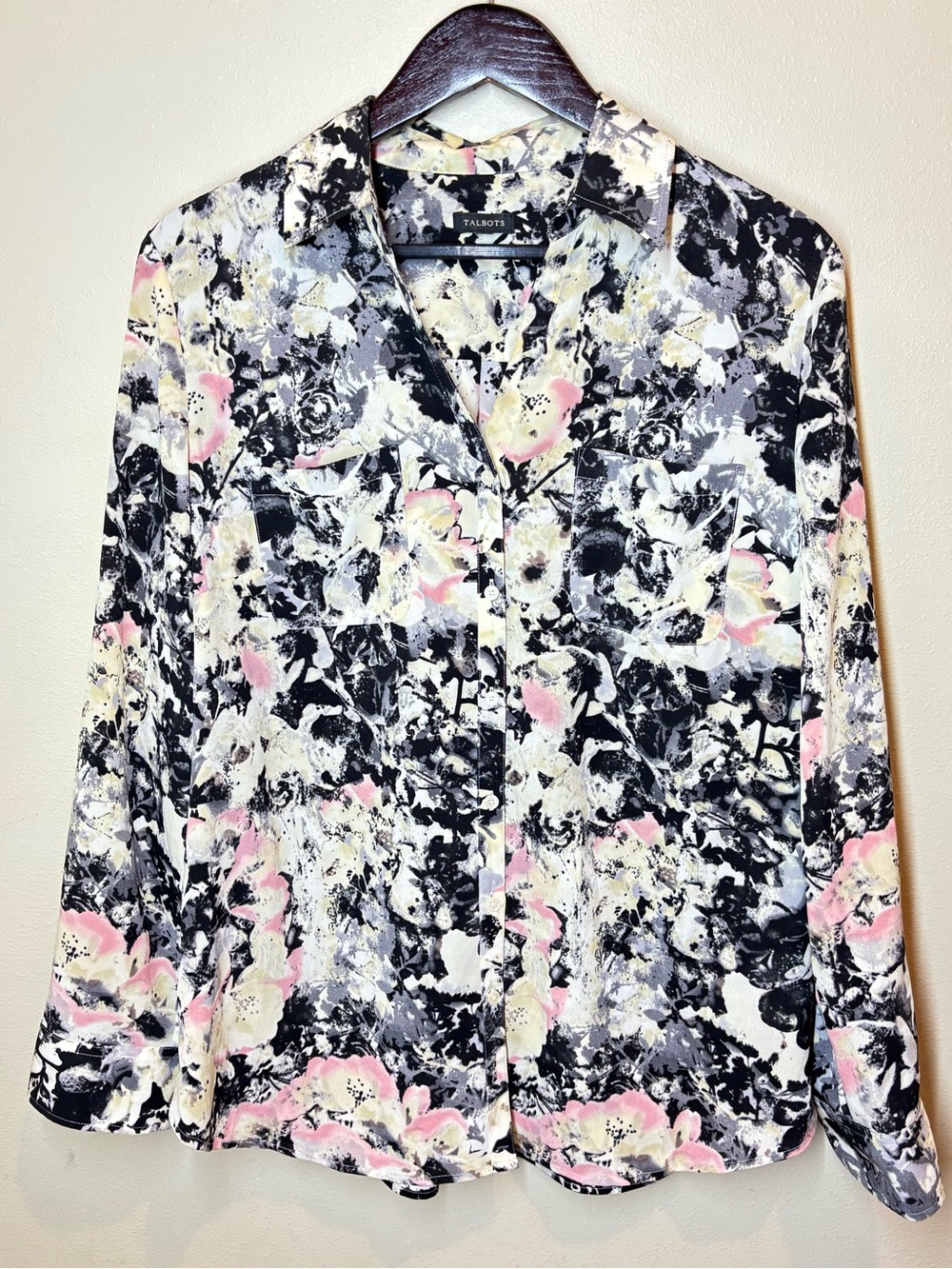 Talbots Floral Abstract Button-Up Blouse - Black, White & Pink, XL
